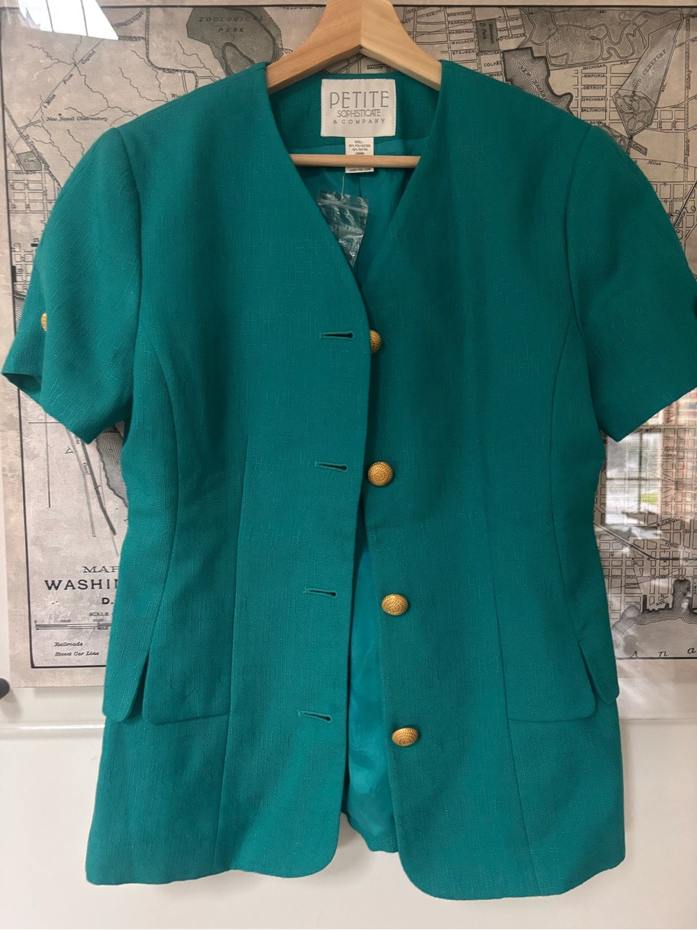 Petite Sophisticate Teal Short-Sleeve Blazer with Gold Buttons
